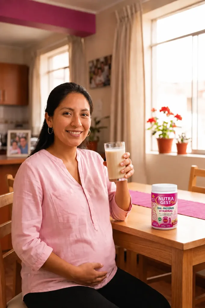 Foto de mujer embarazada tomando Nutragest con DHA y ácido fólico