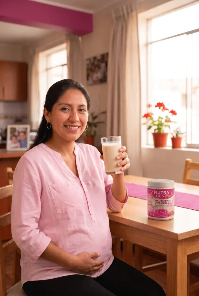 Foto de mujer embarazada tomando Nutragest con DHA y ácido fólico