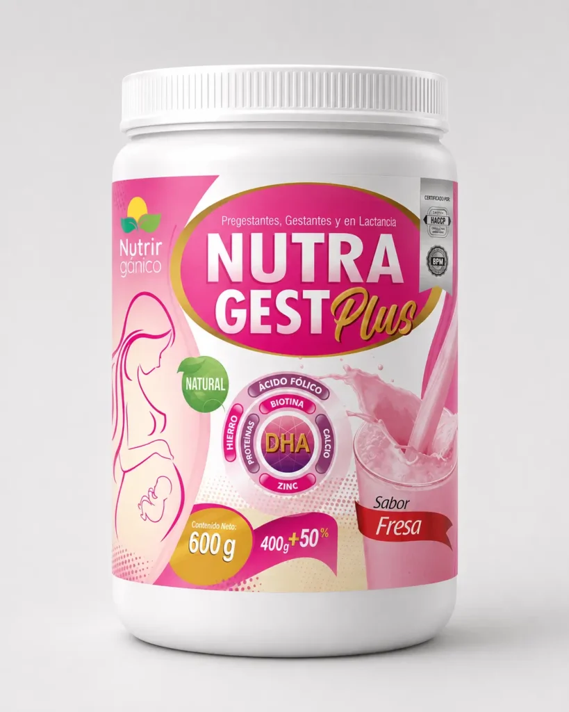 Frasco de Nutragest Plus con DHA y ácido fólico para mujer embarazada