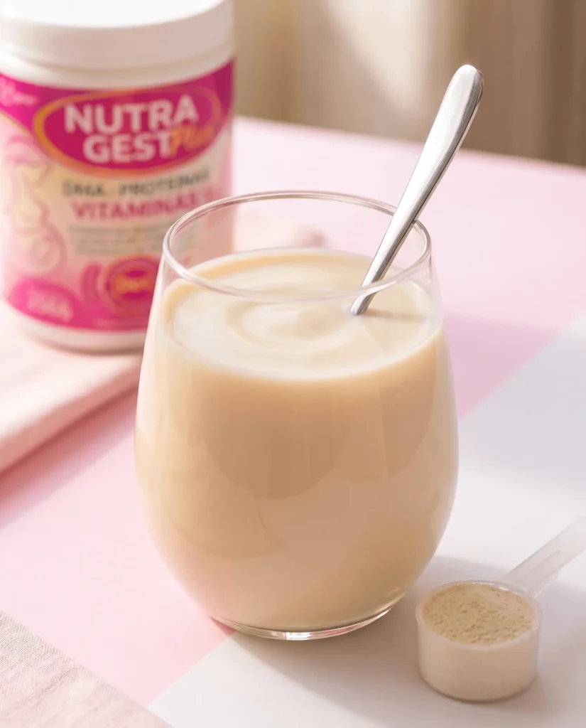 Vaso con mezcla de Nutragest en agua para mujer embarazada